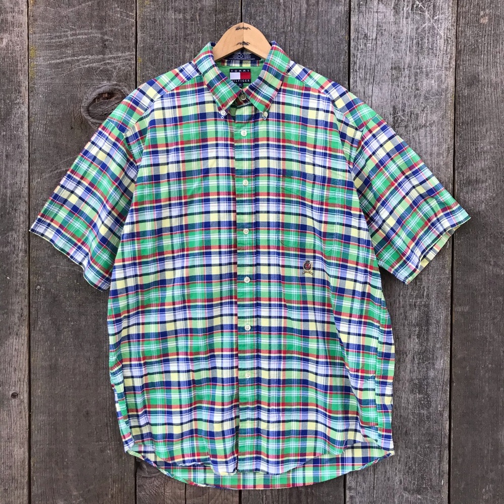 VTG 90s Tommy Hilfiger Madras Plaid Button Down Short Sleeve Shirt Medium